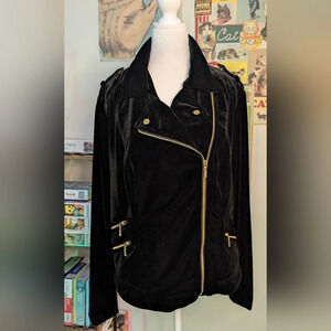 INC International Concepts Black Velvet Moto Jacket with Gold Zippers